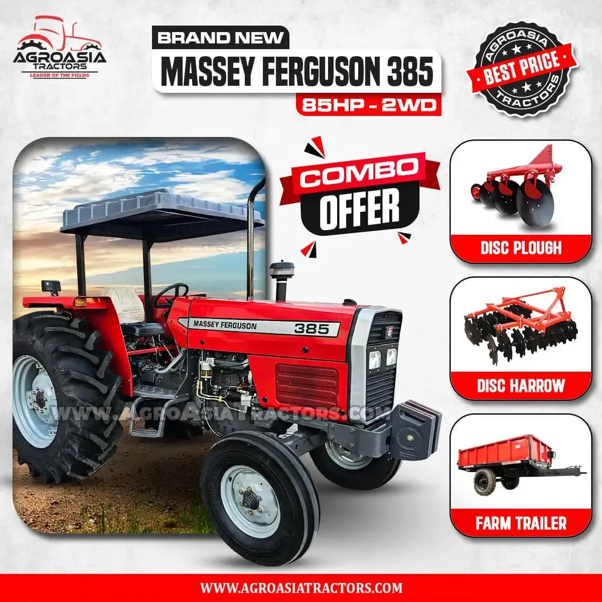 Massey Ferguson MF385 2WD tractor with implements by agroasia tractors